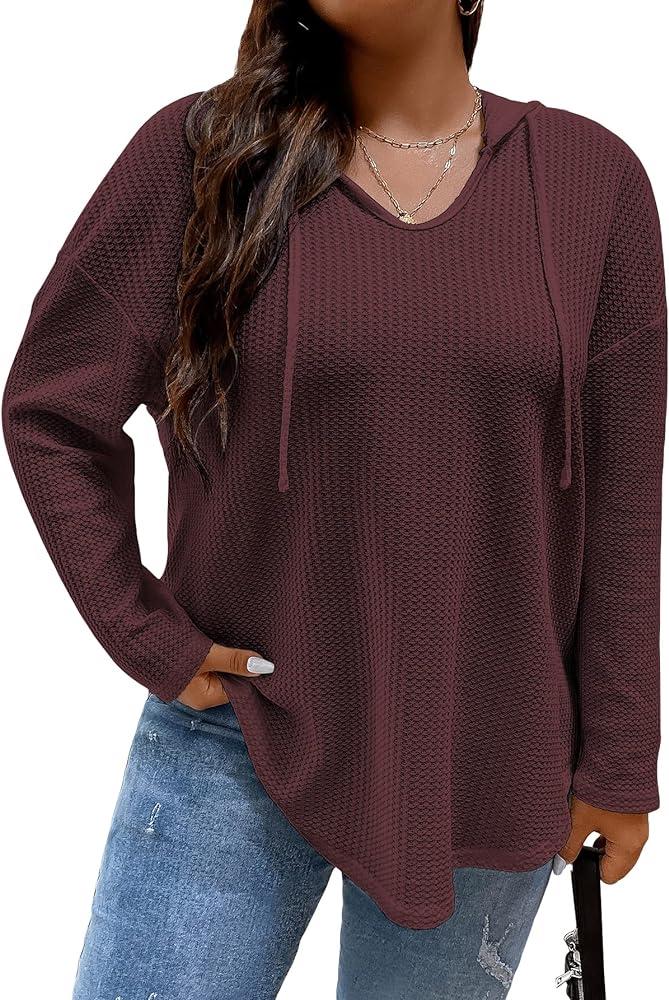 SOLY HUX Women's Plus Size Hoodies Long Sleeve Drawstring Waffle Knit Pullover Sweatshirt Tops