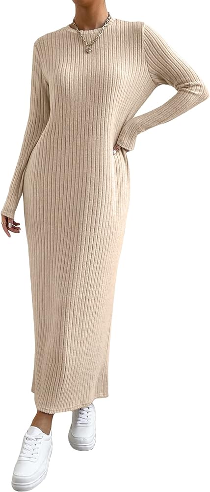 SOLY HUX Women's Long Sleeve Dresses Casual Fall 2023 Maxi Dress Ribbed Knit Tunic T Shirt Dress