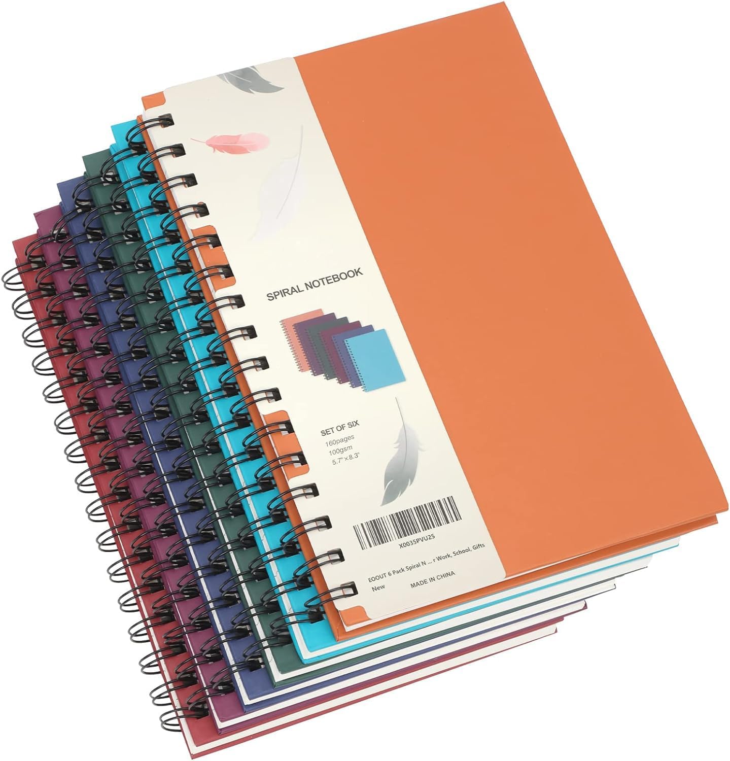 EOOUT 6pcs Hardcover Spiral Notebook, Spiral Journals, College Ruled, 5.5x8.5 Inches, 100GSM Thick Paper, Assorted Jewel Tone Colors, 160 Pages, for Work, School and Gifts