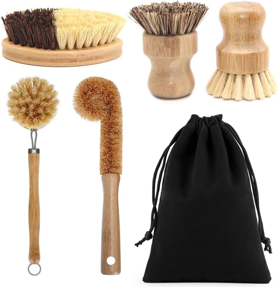 5 Pack Natural Bamboo Cleaning Brush Set, Pot Dish Scrub Brush with Handle and Flannel Bag Kitchen Brushes for Cast Iron Pots, Pans, Vegetable and Kitchen Cleaning