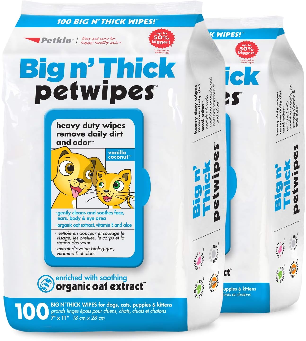 Petkin Large Pet Wipes for Dogs and Cats, 200 Count, Organic Oat Extract, Moistened with Gentle Cleaning Formula, Ideal for Home or Travel