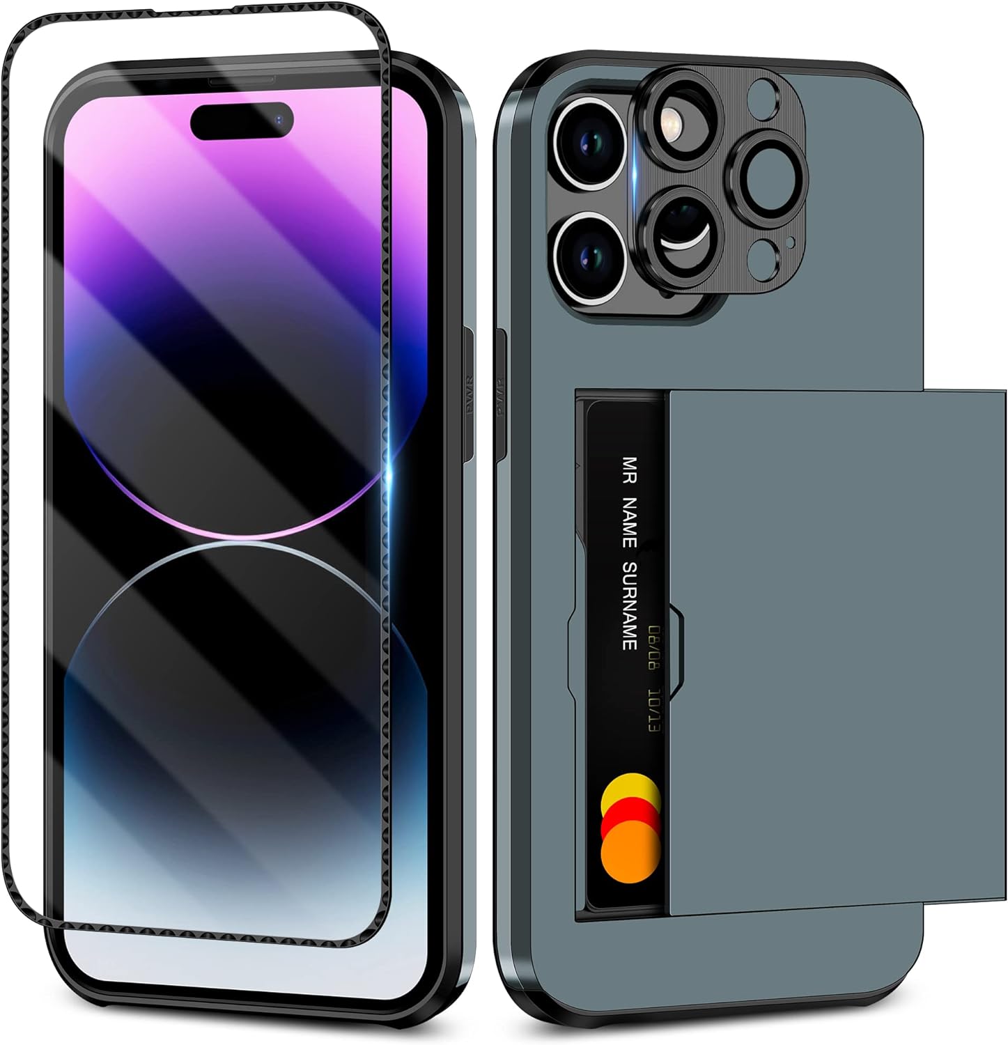 SAMONPOW 4-in-1 for iPhone 14 Pro Max Case Wallet with Screen Protector+Camera Lens Protector Full Body Hybrid 14 Pro Max Case with Card Holder Shockproof Phone Case for iPhone 14 Pro Max, Blue