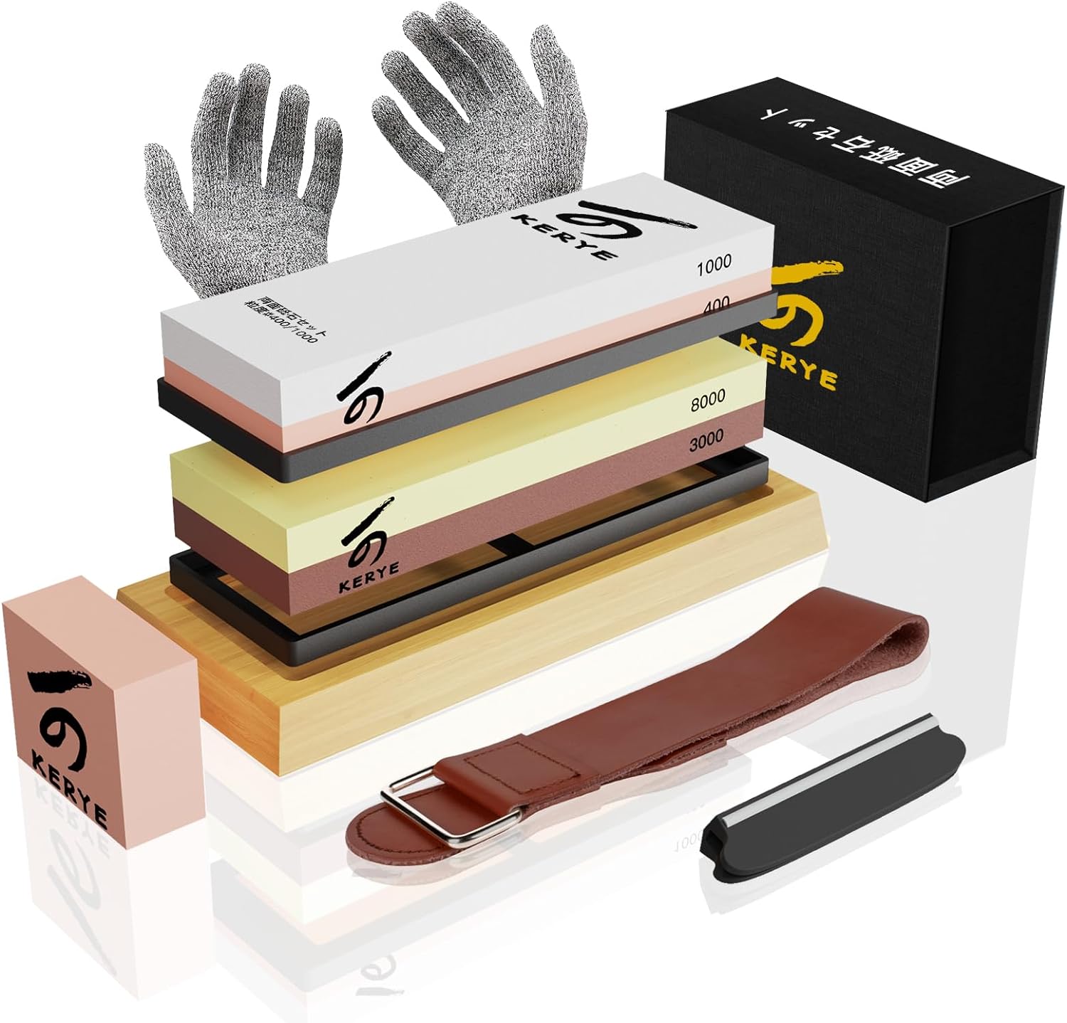 Knife Sharpening Stone Set, KERYE Professional Japanese Whetstone Knife Sharpener Kit, Premium 4 Side Grit 400/1000 3000/8000 Wet Stone, Flattening Stone, Angle Guide, Leather Strop, Anti Cut Gloves