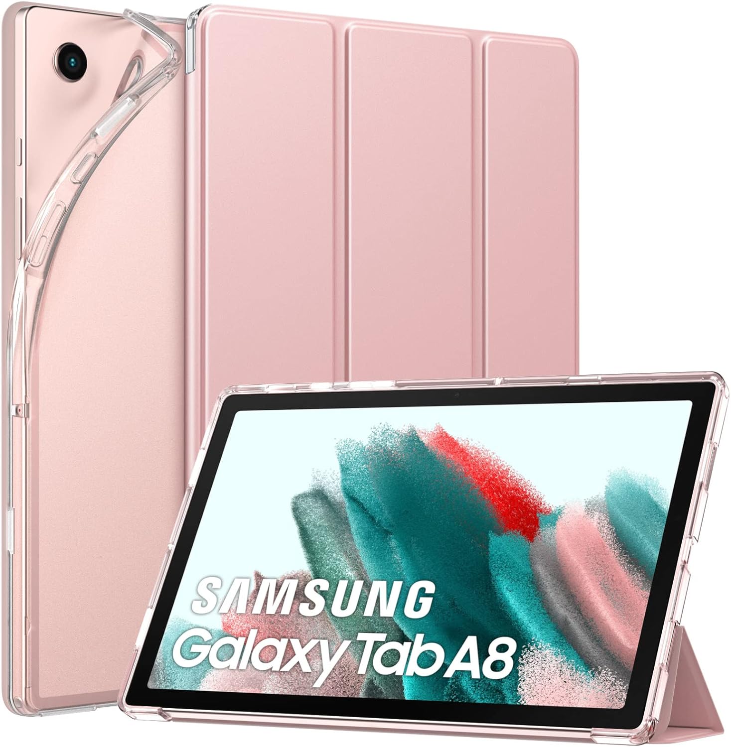 MoKo Case Fits Samsung Galaxy Tab A8 10.5 Inch 2022 (SM-X200/SM-X205/SM-X207), Slim Case Trifold Stand with Auto Sleep/Wake Function and Soft TPU Translucent Frosted Back Cover, Pink