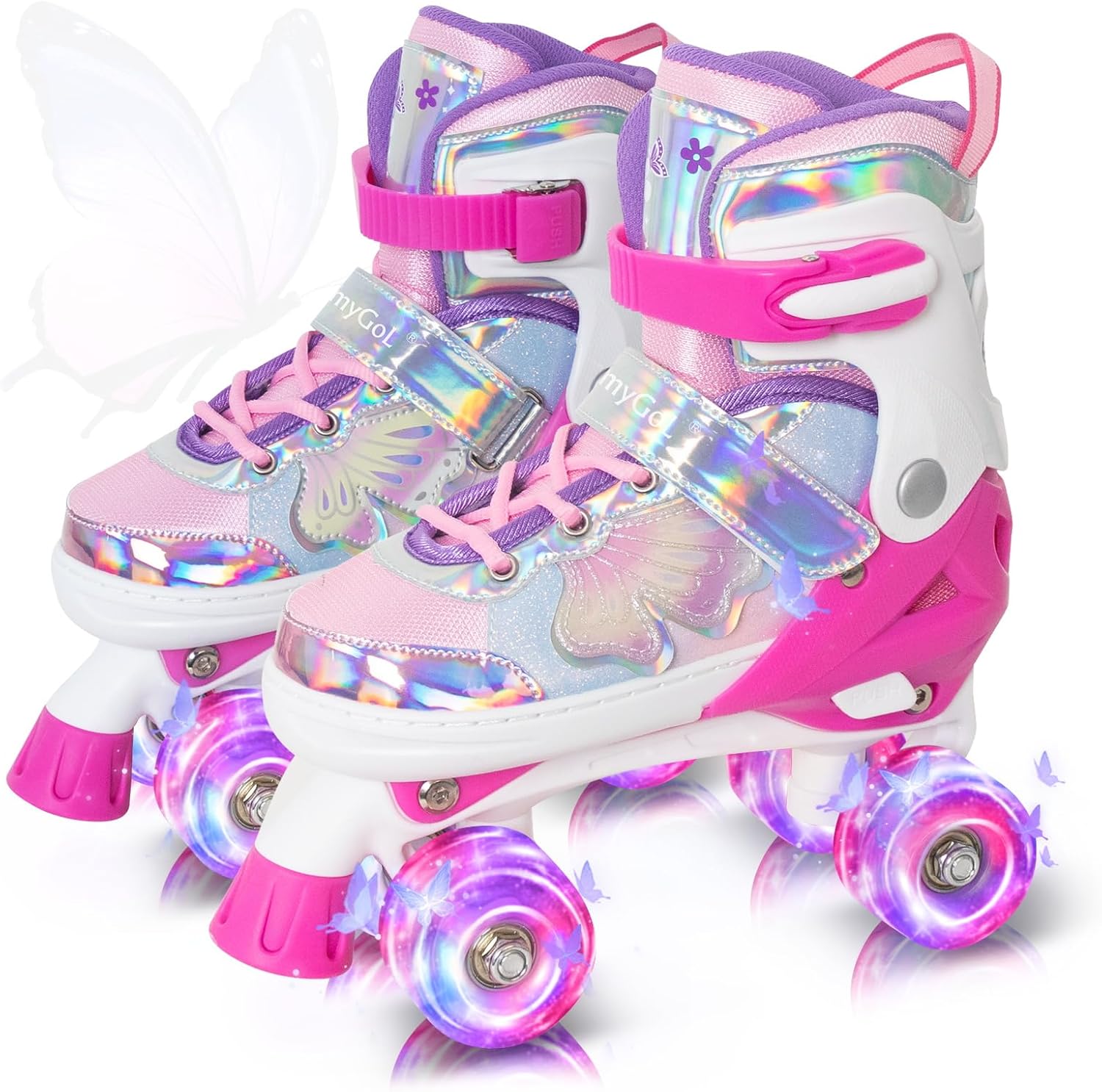 MammyGol Kids Roller Skates for Girls or Boys, Adjustable Roller Skates for Children with Beautiful Butterflies, Beginners 3-16 Years Old Light up Quad Skates Indoor Outdoor