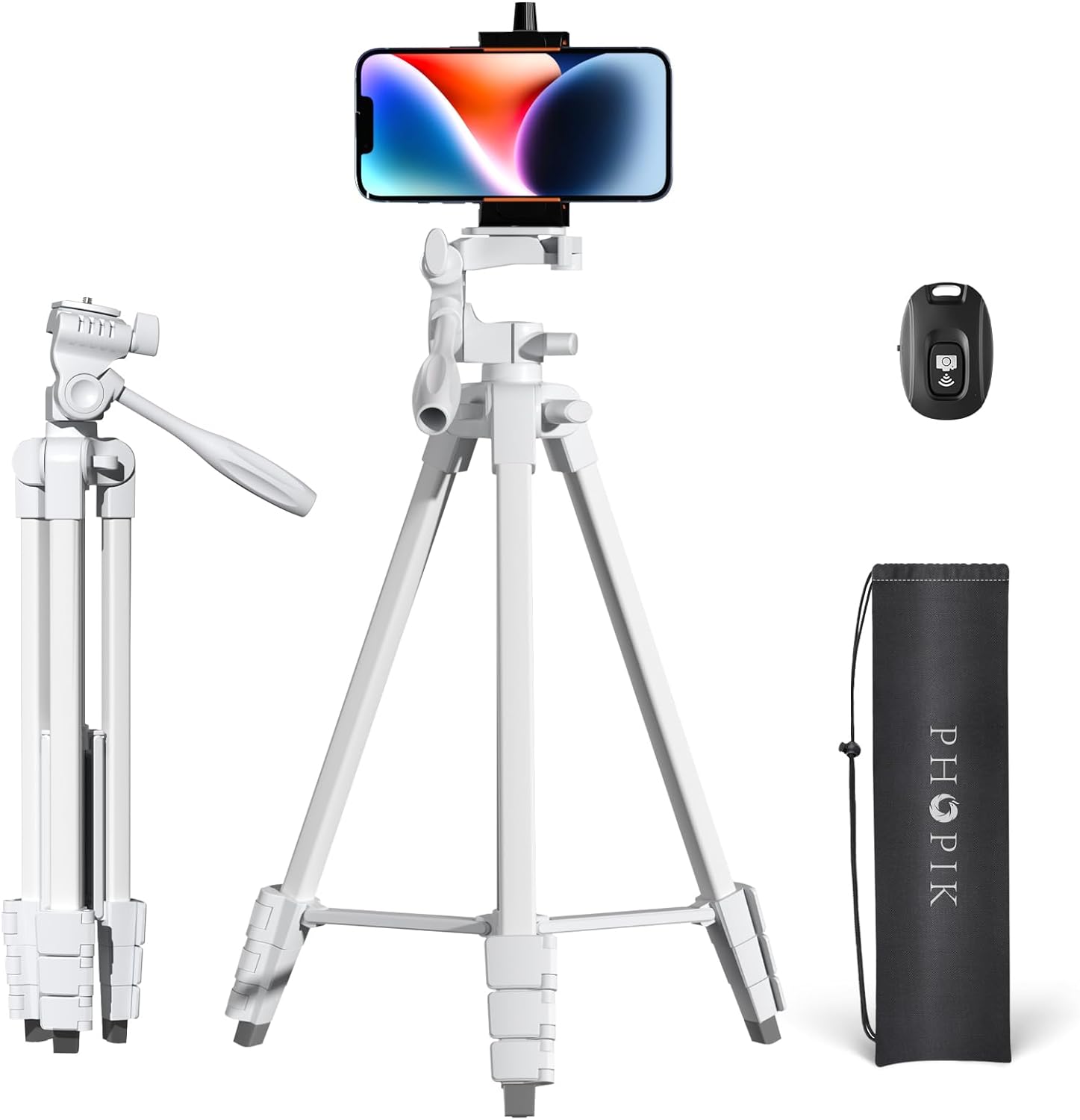 55%22 Phone Tripod -PHOPIK Extendable Tripod Stand with Shutter-Video Tripod with 360 Panorama and 1%2f4%e2%80%9d Mounting Screw for iPhone%2fAndroid%2fSport Camera-Phone Holder for Smartphone-Upgrade White