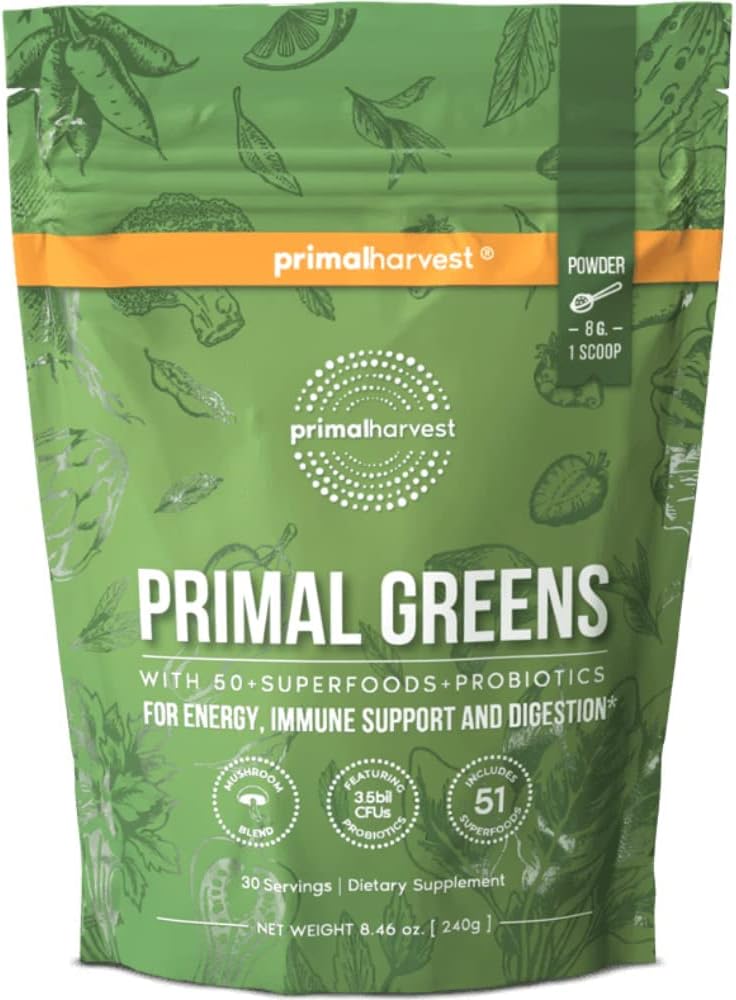 Primal Harvest Super Greens Powder, 30 Servings w/ 50 Greens Superfood Chlorella, Probiotics, Green Tea, Wheatgrass, Kale, Turmeric for Energy,Primal Greens