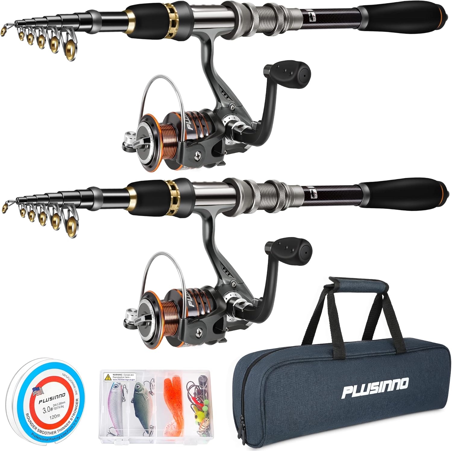 PLUSINNO Telescopic Fishing Rod and Reel Combos Full Kit, Carbon Fiber Fishing Pole, 12 +1 Shielded Bearings Stainless Steel BB Spinning Reel