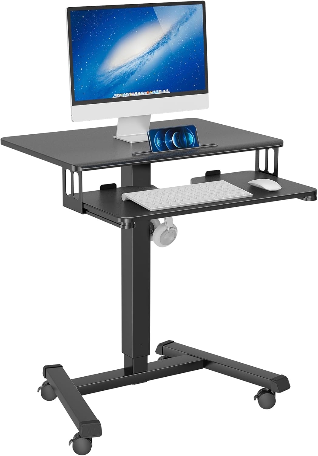 BONTEC Mobile Standing Desk with Keyboard Tray, Mobile Podium, Computer Workstation Up to 33Lbs, Laptop Sit or Stand Desk on Wheels, Height Adjustable Stand Up Table for Living Room, Bedroom, Office