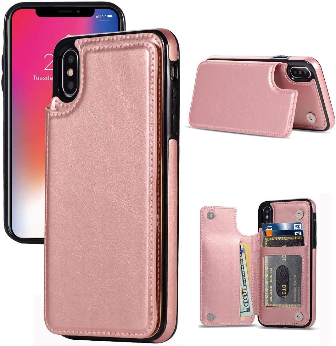 iPhone Xs Max Wallet Case,iPhone Xs Max Case with Card Holder,Slim Leather Case with Card Slots Shockproof Protective Case and a Free Screen Protector for iPhone Xs Max, 6.5 inch-Rose Gold