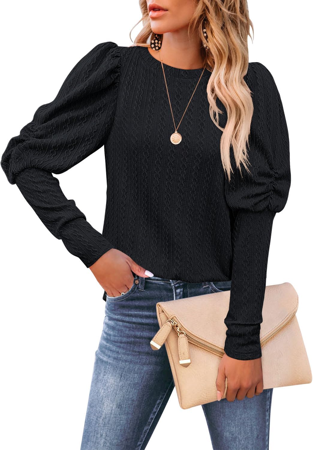 DOROSE Womens Puff Long Sleeve Crewneck Cable Knit Casual Loose Pullover Sweater Tops