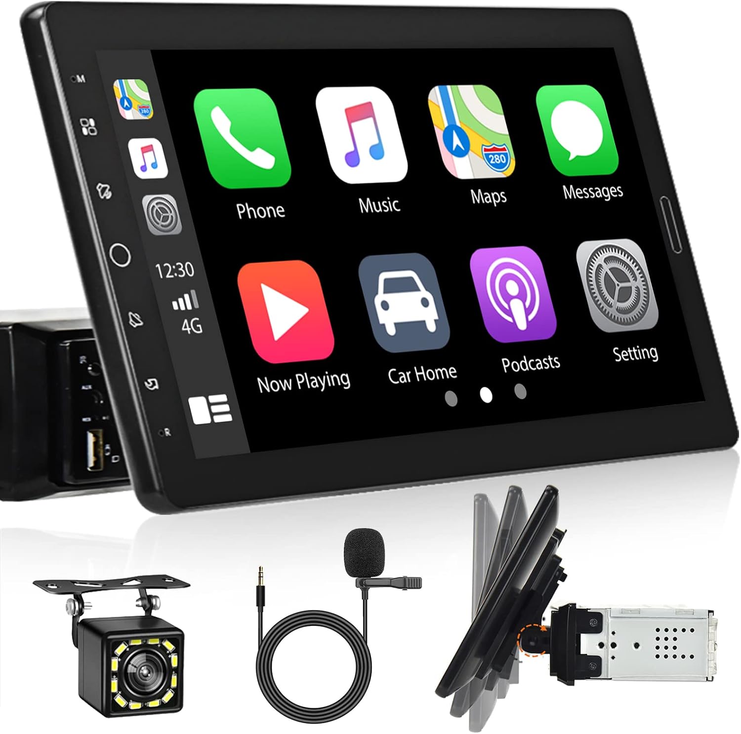 10.1 Inch Adjustable Removable Touch Screen Car Stereo Single Din Apple Carplay Android Auto Car Radio Bluetooth FM Car Audio Receiver Support TF AUX USB SWC DVR Mirror Link