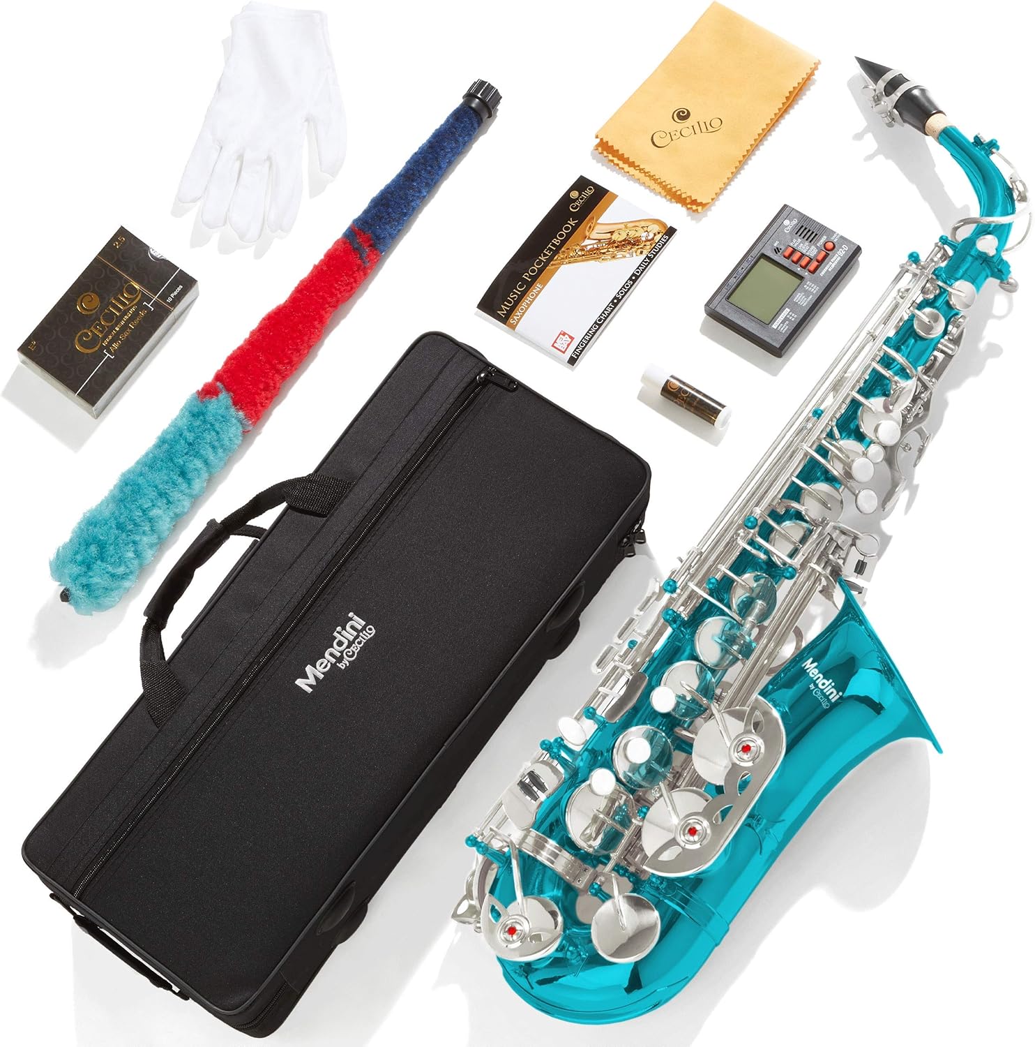 Mendini By Cecilio Eb Alto Saxophone - Case, Tuner, Mouthpiece, 10 Reeds, Pocketbook - Sky Blue E Flat Musical Instruments