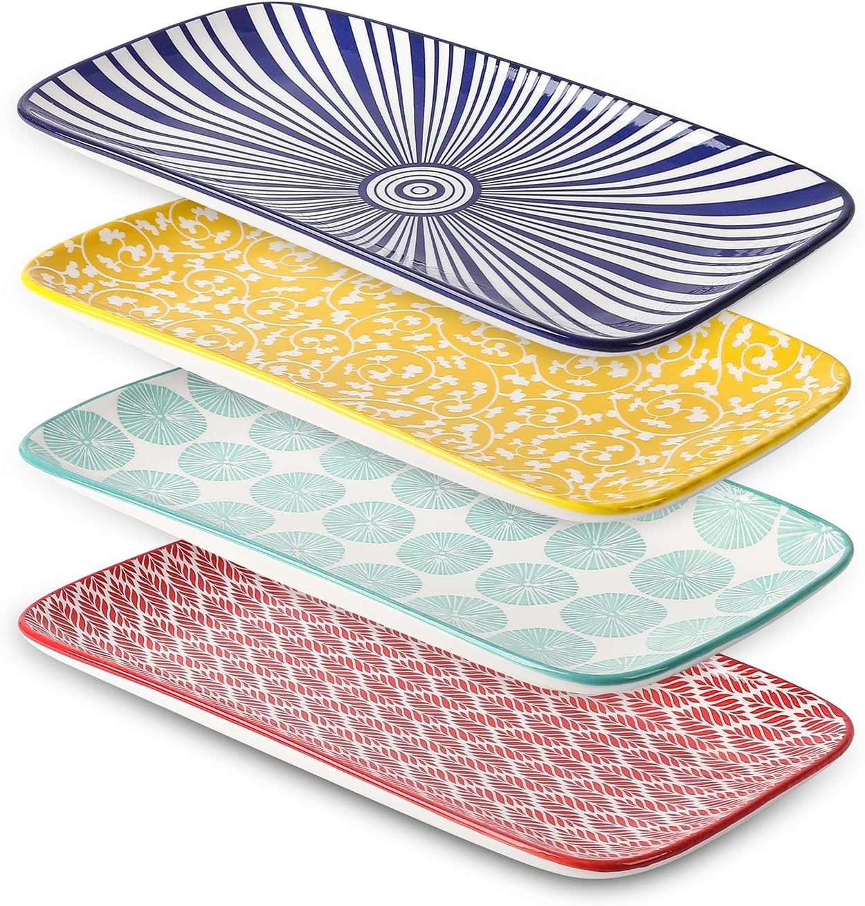 Selamica Ceramic Rectangular Salad Plates Set, Dinner Plate 9.4 Inch Dessert Plates for Party Entertaining, Small Serving Plates for Appetizers, Sushi, Fruit, Set of 4, Gift, Assorted Colors