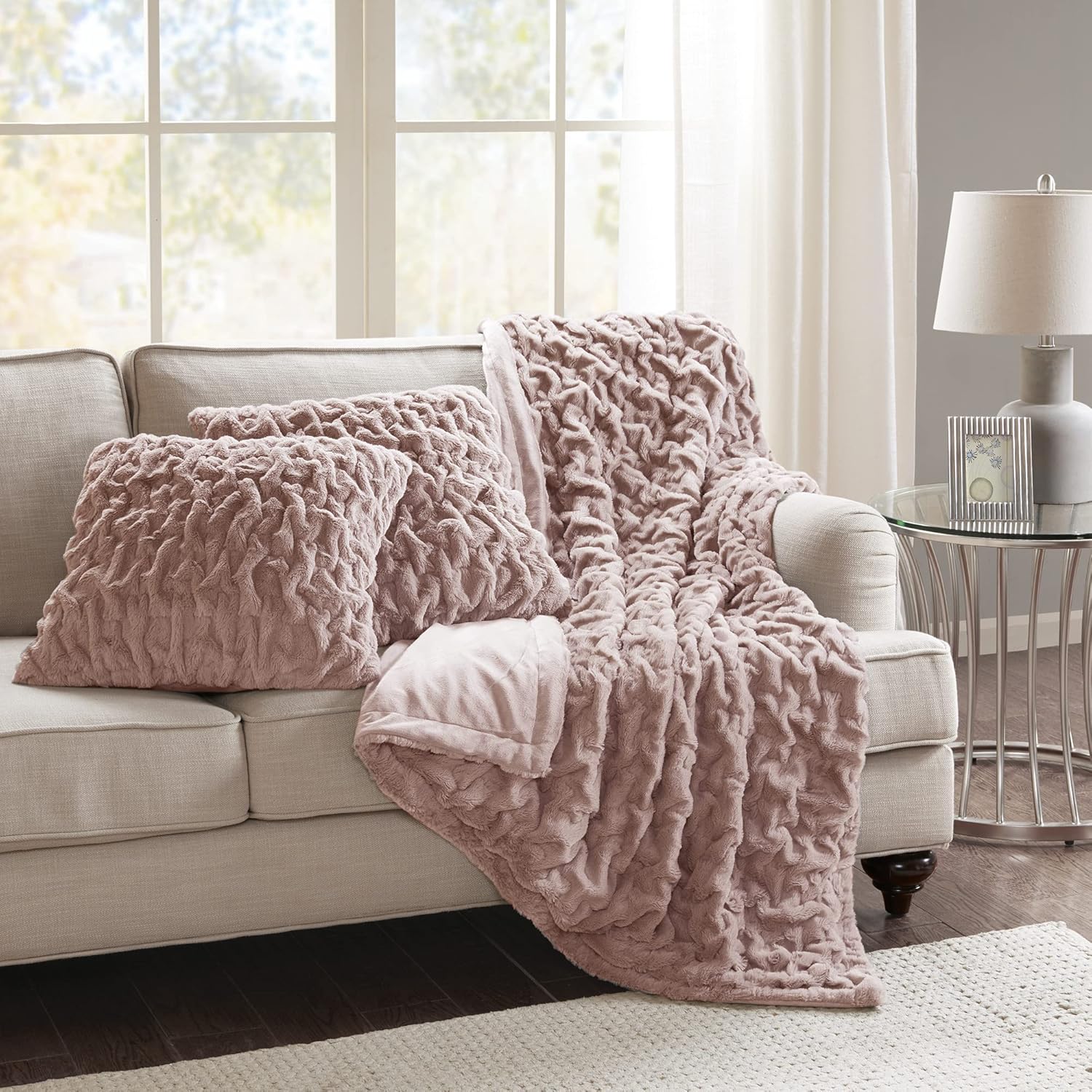 Comfort Spaces Luxurious & Fuzzy Soft Ruched Faux Fur Plush Throw Blanket Set with 2 Matching Square Pillow Covers, for Sofa,Chair, Couch, Living Room, Home Office, Blush 50x 60