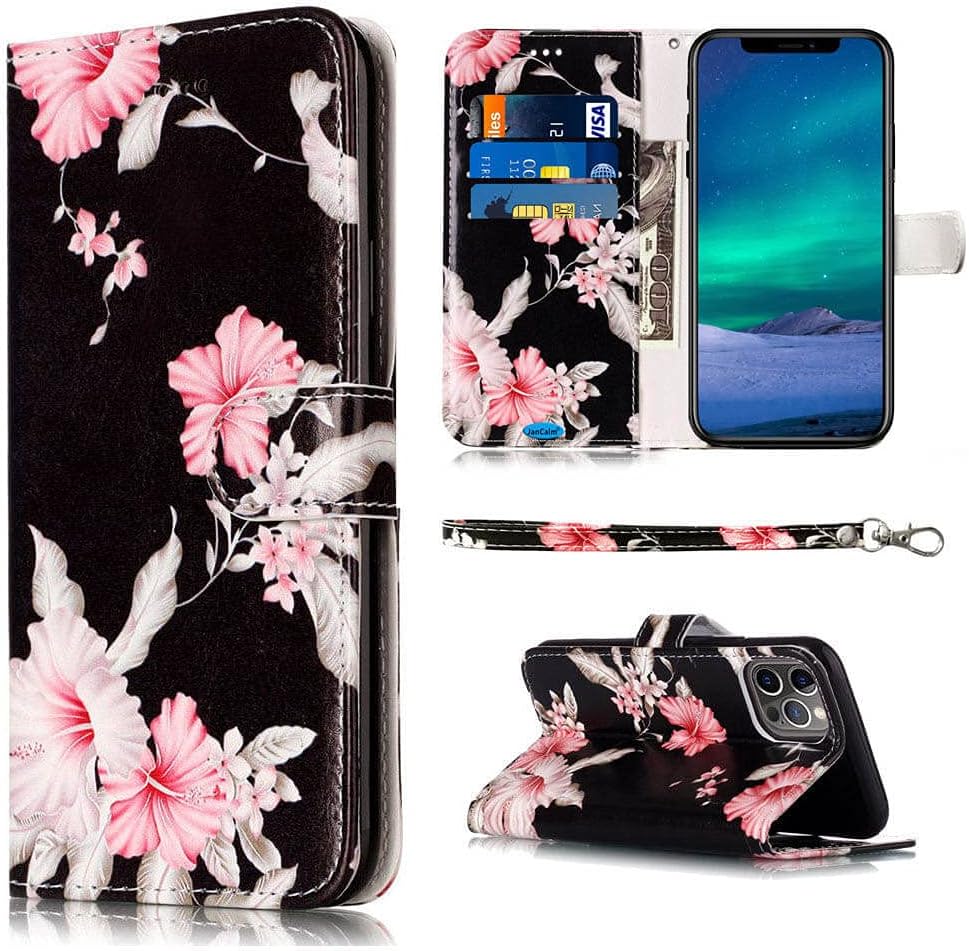 JanCalm Floral Wallet Case for iPhone 12/12 Pro with Wrist Strap, Card Slots & Stand - Black/Flower