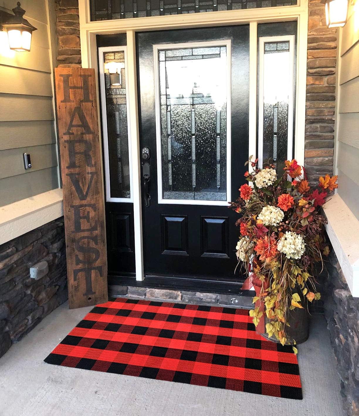 UKELER Buffalo Check Rug 3'×5', Cotton Red Plaid Rug for Front Porch Kitchen Bedroom Popular Farmhouse Doormat