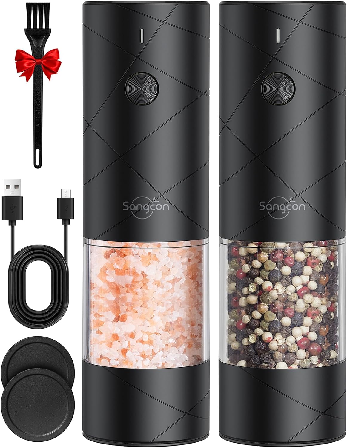 Sangcon Electric Salt And Pepper Grinder Mill Set Rechargeable Shakers - No Battery Needed Automatic Mill -Adjustable Coarseness Light Weight Easy to Use Refillable - Salt Grinder - Gift for Kitchen