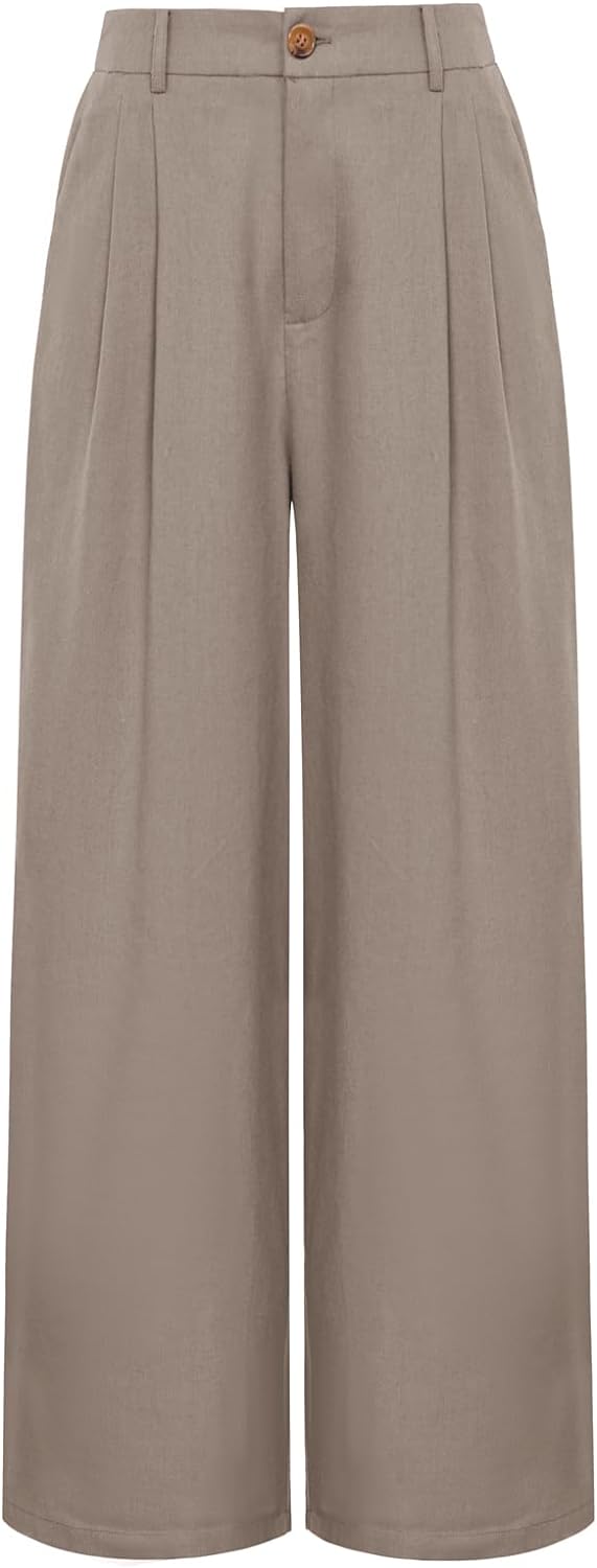 GRACE KARIN Linen Pants Wide Leg High Waisted Casual Flowy Pants with Pockets Long Palazzo Pants Trousers Regular Size Light Grey L