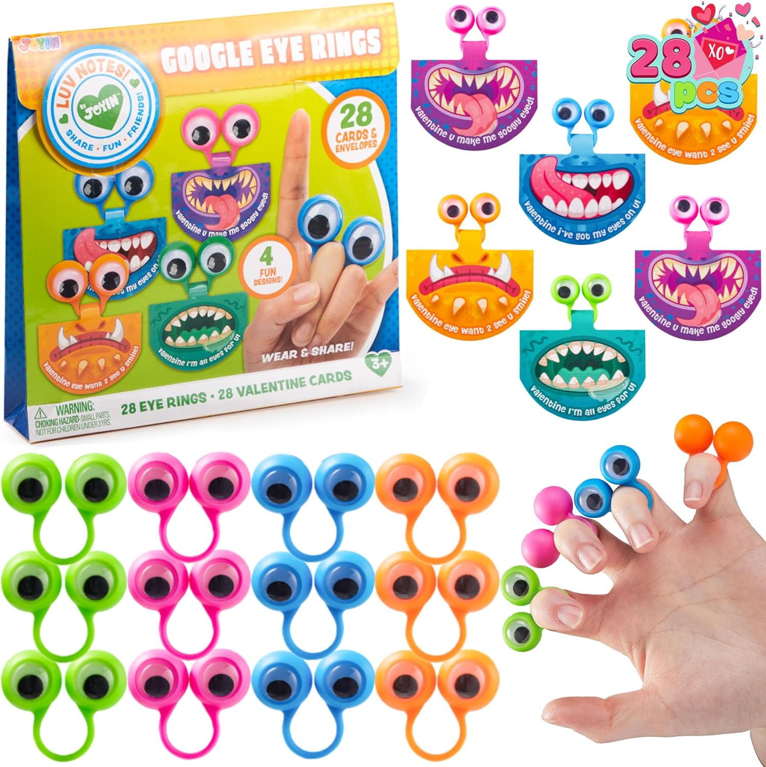 JOYIN+28+Pack+Valentines+Day+Eye+Finger+Puppets+with+Cards%2c+Wide+Open+Eyes+Toys+for+Kids%2c+Valentine+Classroom+Exchange+Prizes%2c+Party+Favor%2c+Monster+Truck+Valentines+Rings%2c+Wiggly+Eyeball+Rings