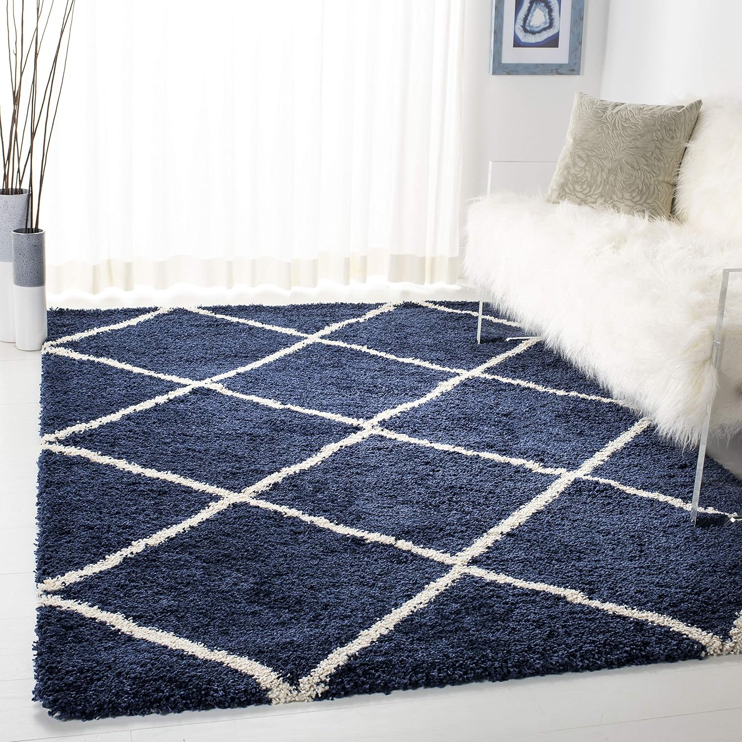 SAFAVIEH Hudson Shag Collection Area Rug - 5'3 x 7'6, Navy & Ivory, Modern Trellis Design, Non-Shedding & Easy Care, 2-inch Thick Ideal for High Traffic Areas in Living Room, Bedroom (SGH281C)