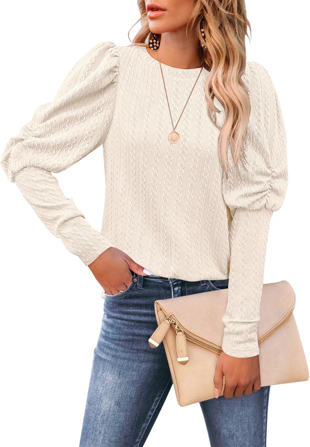 DOROSE Womens Puff Long Sleeve Crewneck Cable Knit Casual Loose Pullover Sweater Tops