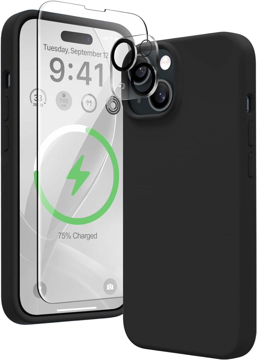 Magnetic Silicone for iPhone 15 Plus Case, [Compatible with MagSafe][2X Camera Protectors + 2X Screen Protectors], Microfiber Lining Shockproof Protective Phone Cover 6.7, Black