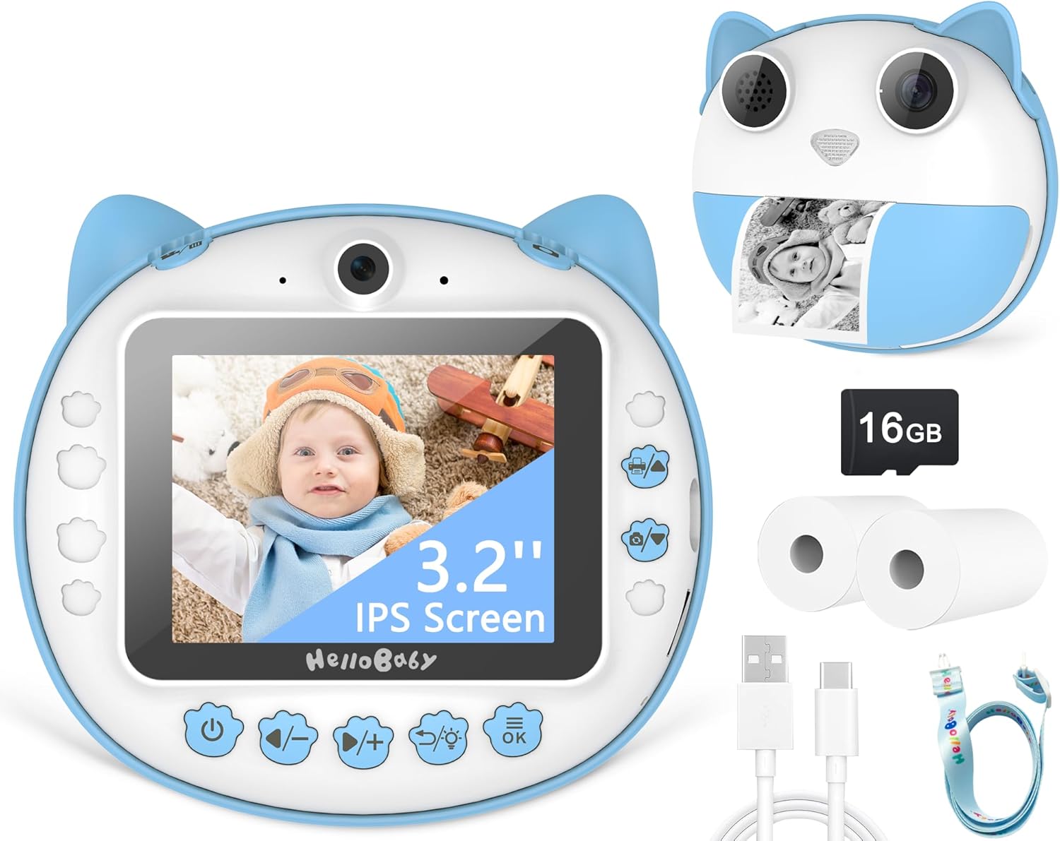 HelloBaby Instant Print Camera for Kids, 3.2 Inch IPS Screen Kids Instant Cameras, 1080P HD Digital Video Cameras for Toddler, Portable Travel Camera Toy for 3-12 Years Kids with 16GB SD Card-Blue