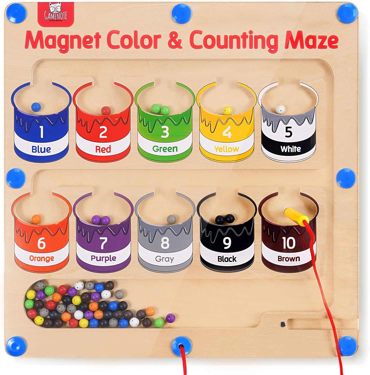 GAMENOTE Magnetic Color and Number Maze - Montessori Fine Motor Skills Toys for Boys Girls 3 4 5 Years Old, Wooden Color Matching Learning Counting Toddler Puzzle Board