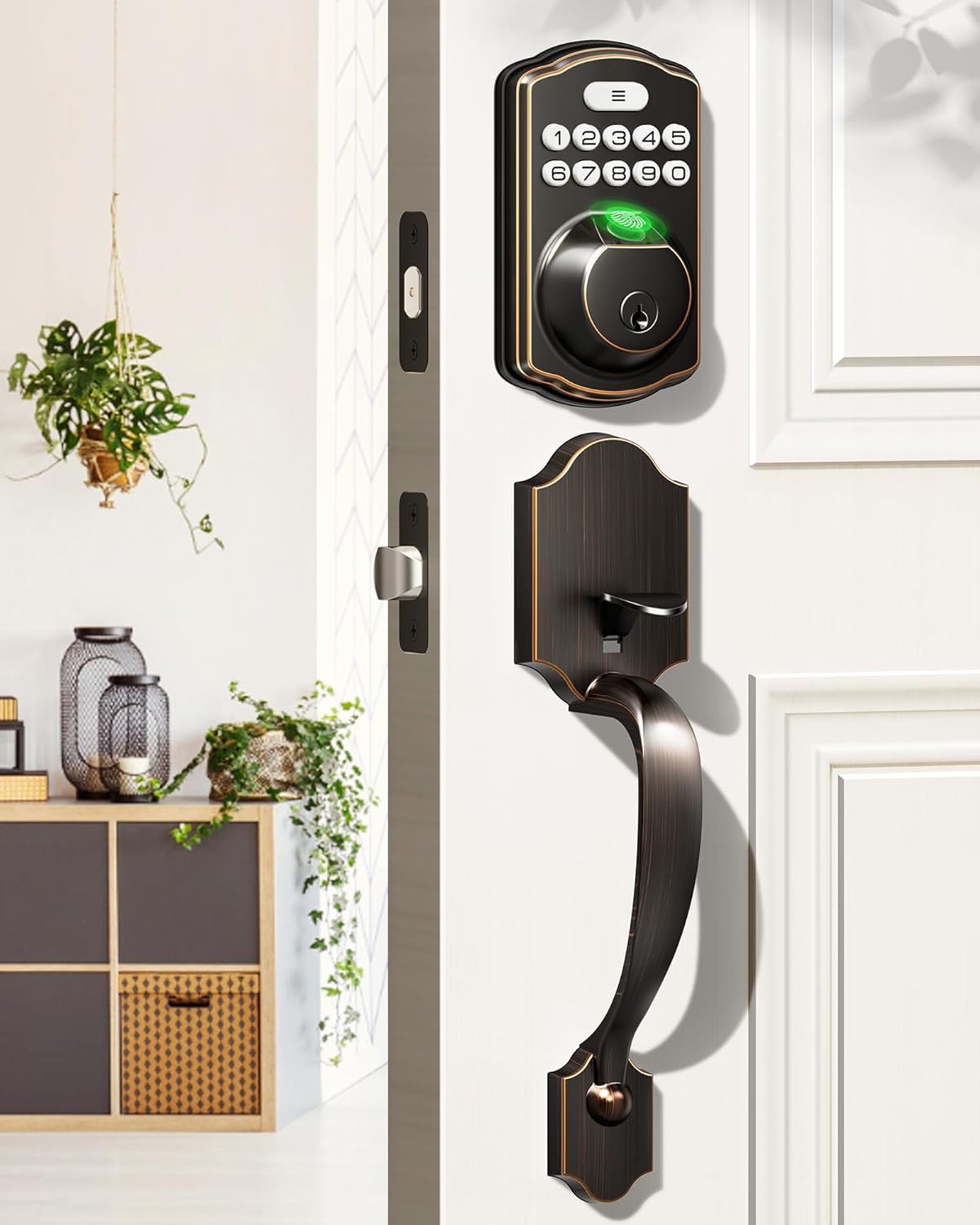 Veise Fingerprint Door Lock Set, Keyless Entry Door Lock, Front Door Handle Sets, Electronic Keypad Deadbolt with Lever Handle, 2 Keys, Auto Lock, Code Door Lock, Easy Install, Oil Rubbed Bronze