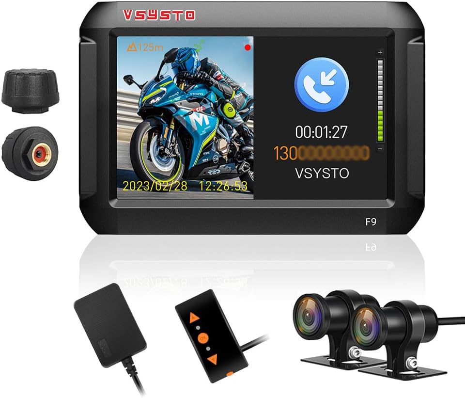 VSYSTO Motorcycle Dash Cam, Phone Assistant Mode, WiFi 4 Screen HD 1080P 150 Wide Angle SONYIMX307 Front & Rear Camera, Tire Pressure Sensors, Temperature Sensor, Parking Guard, GPS (Black-4InchBT)