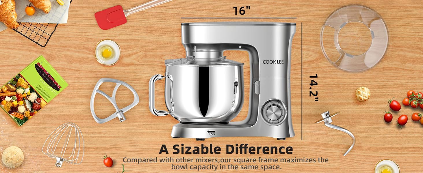 COOKLEE Stand Mixer, 9.5 Qt. 660W 10-Speed Electric Kitchen Mixer with Dishwasher-Safe Dough Hooks, Flat Beaters, Wire Whip & Pouring Shield Attachments for Most Home Cooks, SM-1551, Champagne