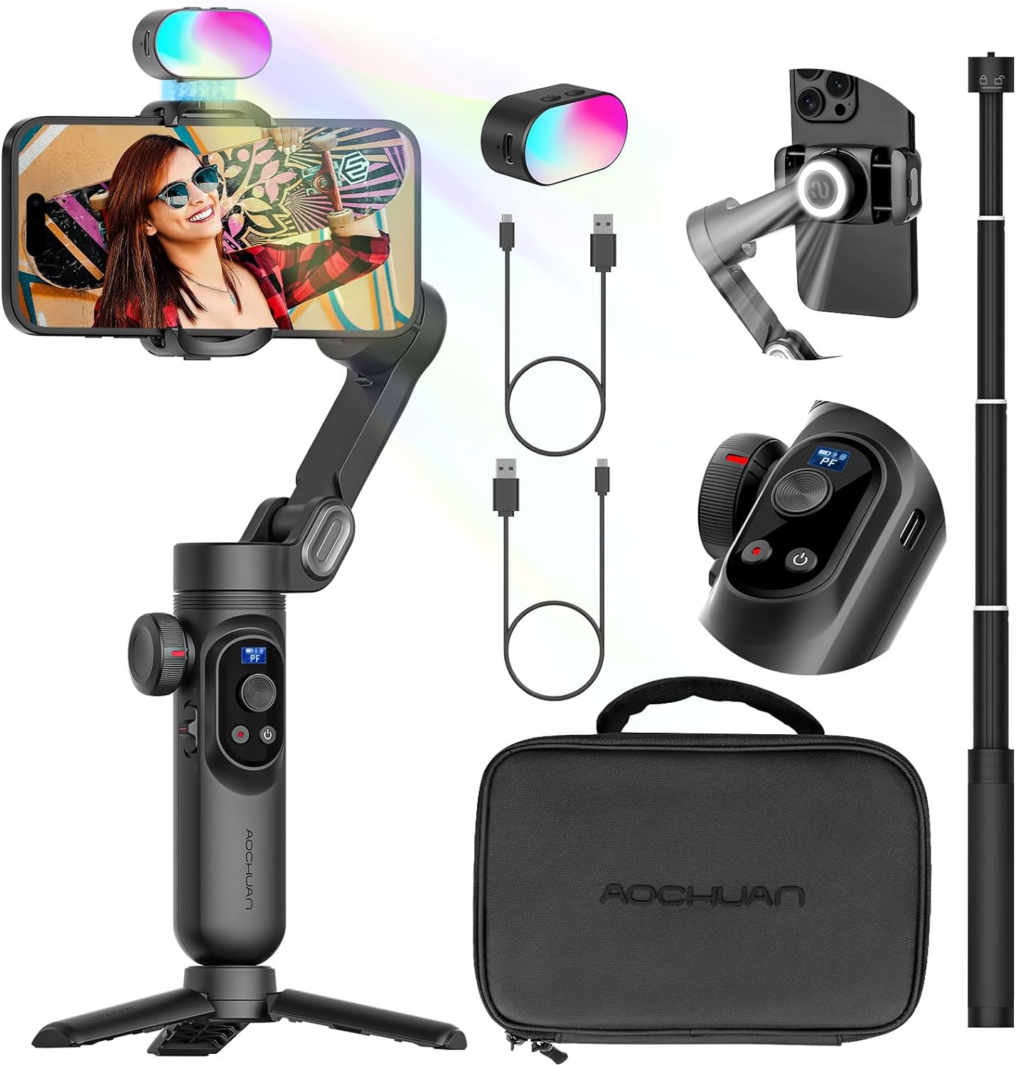 Professional 3-Axis Gimbal Stabilizer for Smartphone w/RGB Fill Light Extension Rod OLED Display Wireless Charging for iPhone 15 14 13 Pro/Max Galaxy S22 TikTok YouTube (Smart X Pro Combo1)