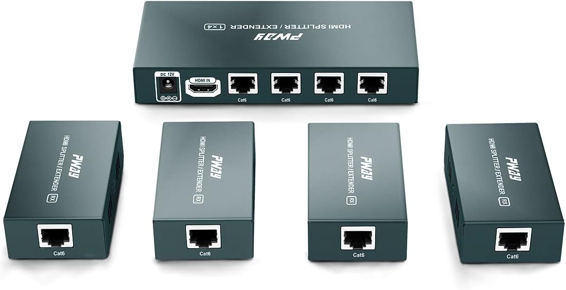 GREATHTEK 1x4 HDMI Extender Splitter Over Cat5e/Cat6/Cat7 Ethernet Cable Up to 50m/165ft - EDID Management & POC Function Support 1080P@60Hz 3D for HDTV PS3 PS4 Xbox (1 in 4 Out / 4-Port)