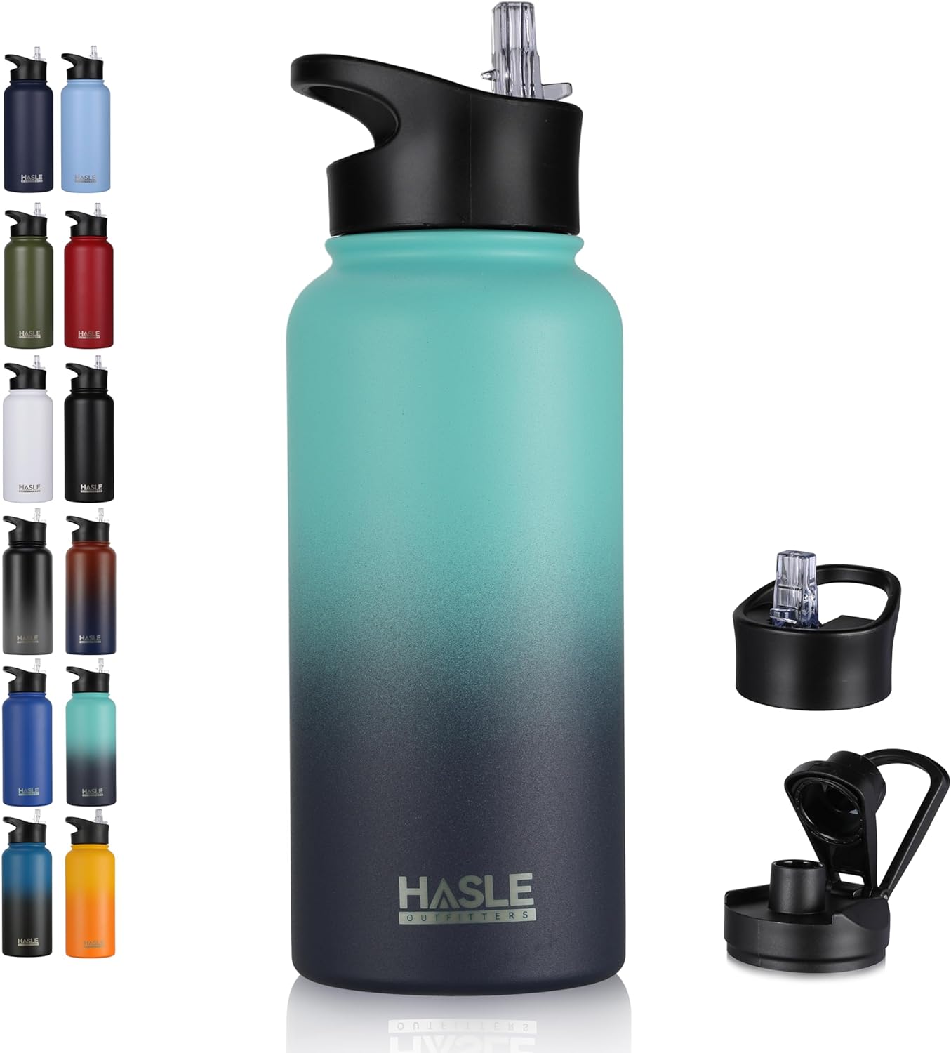 HASLE OUTFITTERS 32 oz Insulated Water Bottle Stainless Steel Double Walled Vacuum Sports Water Bottle with 2 Lids (Straw and Spout Lid) for Gym Camping Hiking(Green Blue Gradient,1)