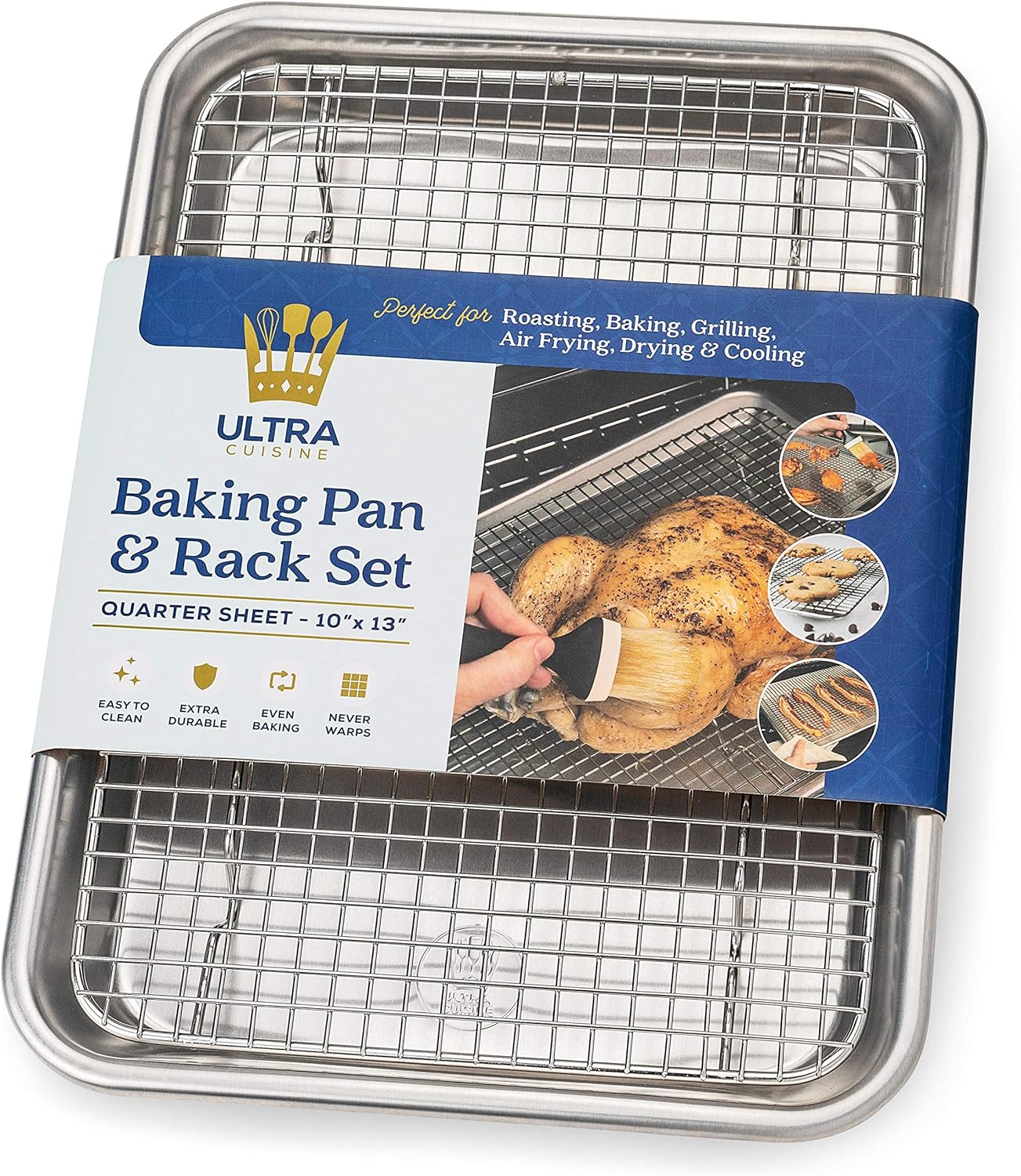 Ultra Cuisine Quarter Sheet Pan with Wire Rack Set - Includes Premium Aluminum Baking Sheet with Stainless Steel Baking Sheet Rack - Dishwasher Safe Cooling Rack with 1/4 Sheet Pan Commercial Quality