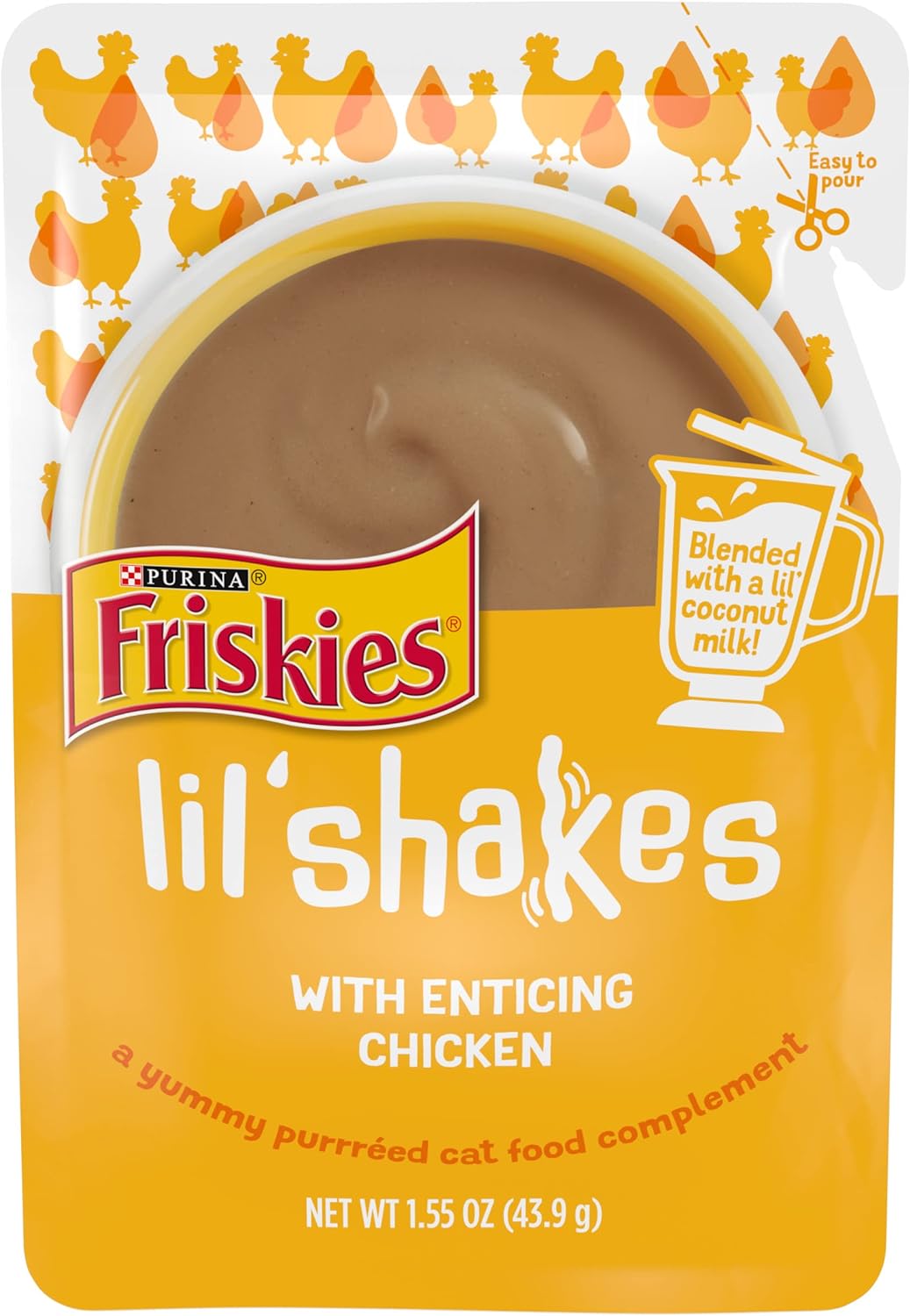 Purina Friskies Pureed Cat Food Topper, Lil Shakes With Enticing Chicken Lickable Cat Treats - (Pack of 16) 1.55 oz. Pouches