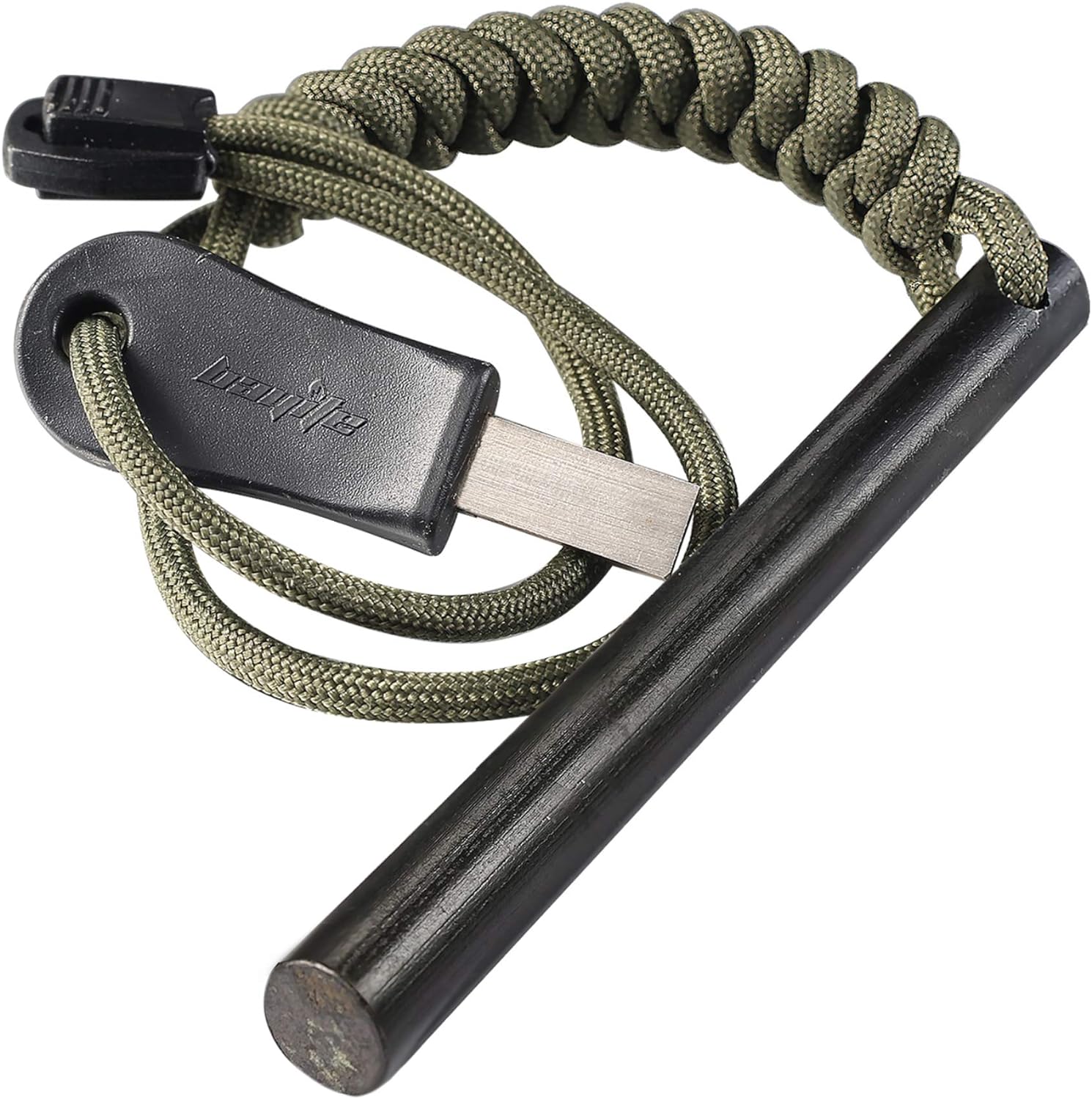 bayite 4 Inch Survival Ferrocerium Drilled Flint Fire Starter, Ferro Rod Kit with Paracord Landyard Handle and Striker, 4(Long) x 3/8(Diameter)