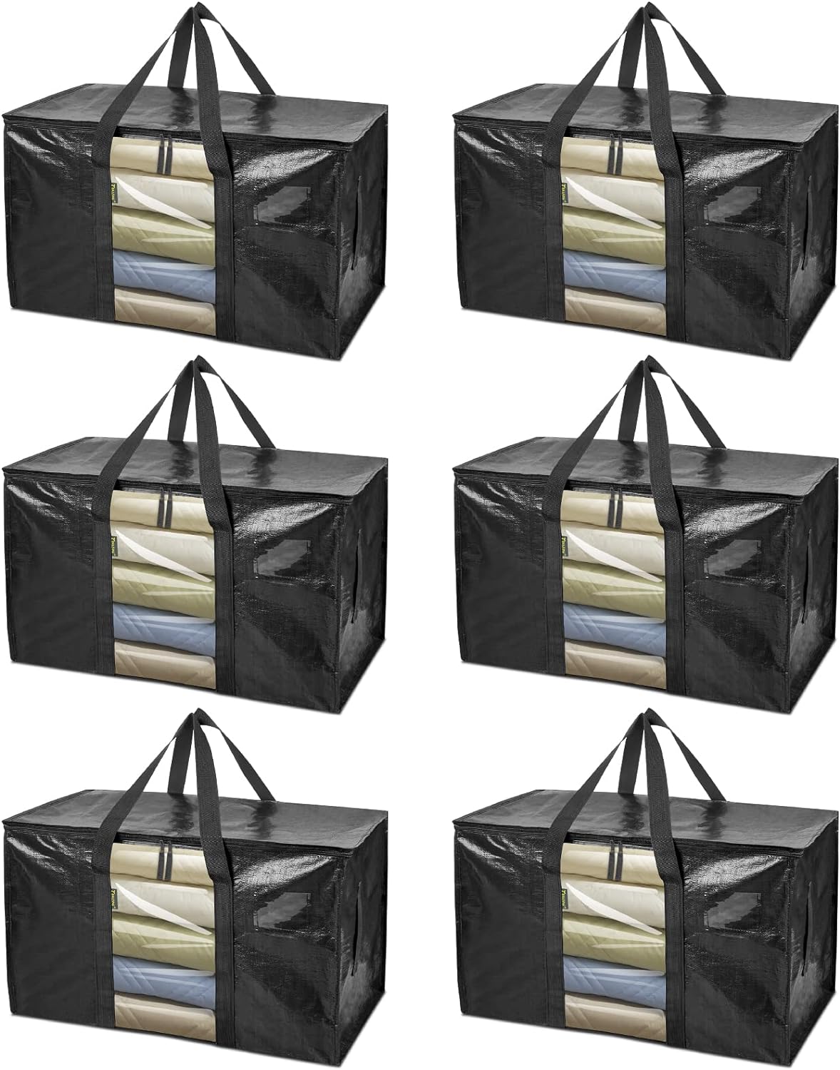 BALEINE 6-Pack Oversized Moving Bags with Reinforced Handles, Heavy-Duty Storage Tote Moving Supplies for Packaging, Camping (Black w/Window, 6-Pack)