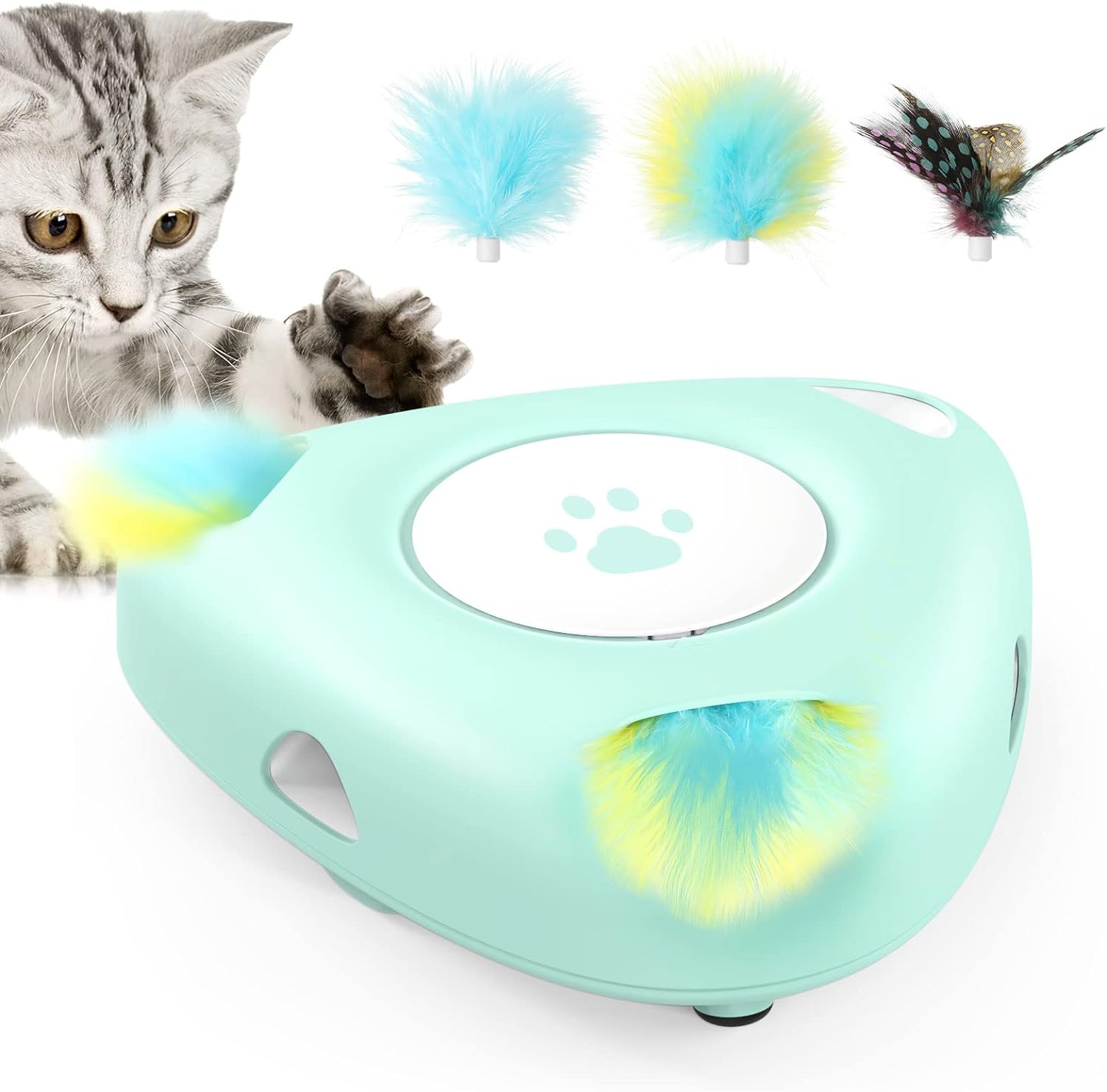 Pawaboo Interactive Cat Toys, Automatic Cat Exercise Teaser Toy with 3 Replacement Rotating Feathers, Automatic Electronic Rotating Teaser Kitten Toy for Indoor Cats, Kitty, Pet - Lake Blue