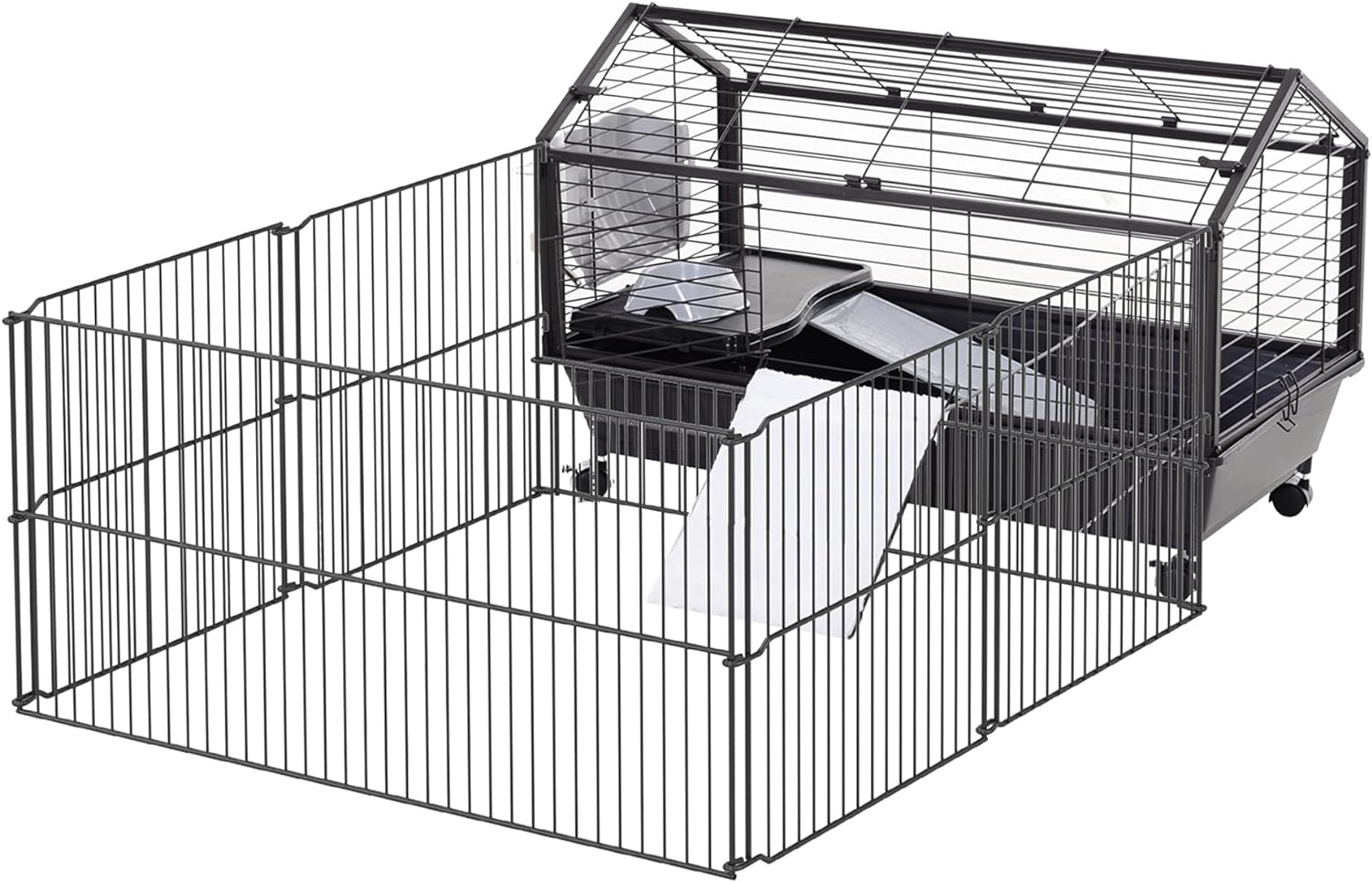 PawHut Small Animal Cage with Foldable Run Area, Rolling Bunny Cage, Guinea Pig Cage, Hedgehog Cage with Water Bottle, Water Bowl, and Ramps, 35" L