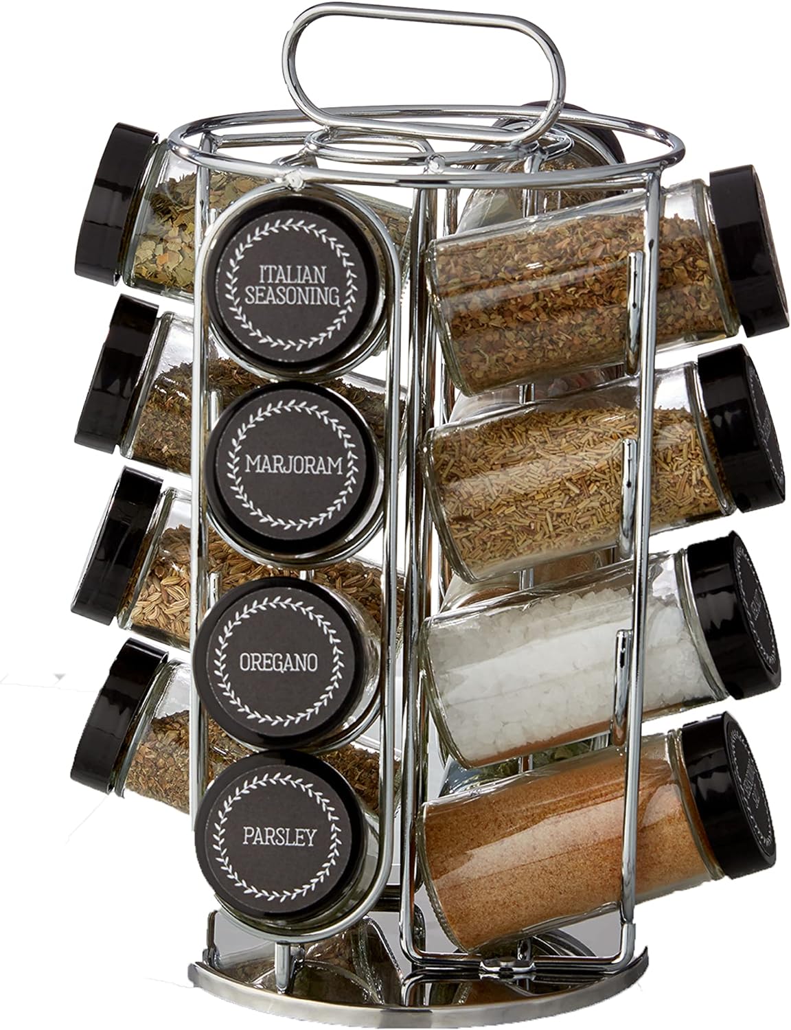 Kamenstein 16 Jar Montauk Revolving Countertop Spice Rack Organizer with Spices Included, FREE Spice Refills for 5 Years, Chrome with Black Caps