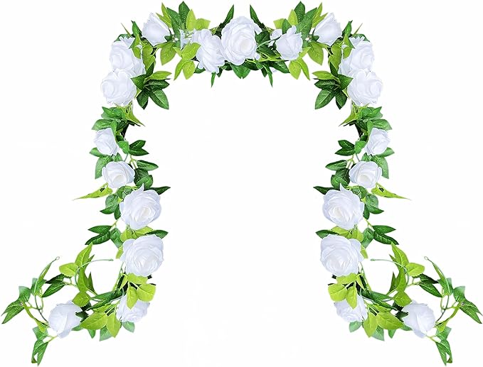 UKELER 2 Pack 14FT Artificial Rose Vines White Flower Garland Artificial Rose Flowers with Green Leaves Floral Plant for Wedding Arch Party Garden Craft Home Decor