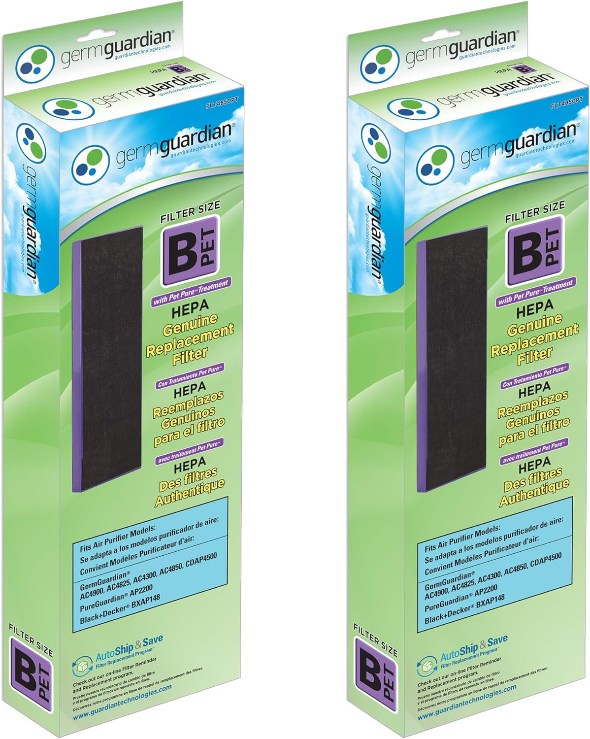 GermGuardian Filter B Pet Pure HEPA Genuine Replacement Filter, Removes 99.97% of Pollutants for AC4825, AC4820, AC4850, AC4870, CDAP4500, AC4900, AC4300, AP2200, 2- Pack, Black/Purple, FLT4850PT2PK