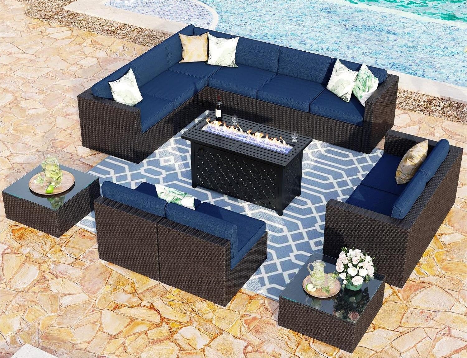 MFSTUDIO 13 Pieces Patio Furniture Set with 45 Plate Embossing Propane Gas Fire Table,Outdoor Wicker PE Rattan Sectional Sofa Conversation Set with Blue Cushions & Glass Table