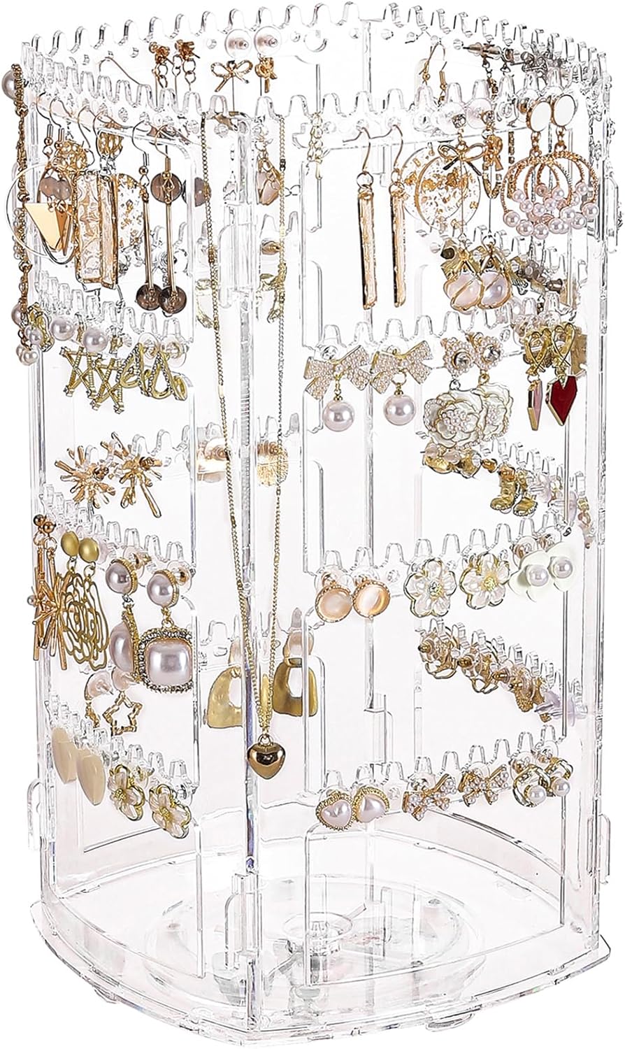 360 Rotating Earring Holder Organizer Clear Dangle Earinging Rack Necklace Bracelet Carousel Tree Towers,156 Holes and 160 Grooves for Necklaces Earrings Piercings