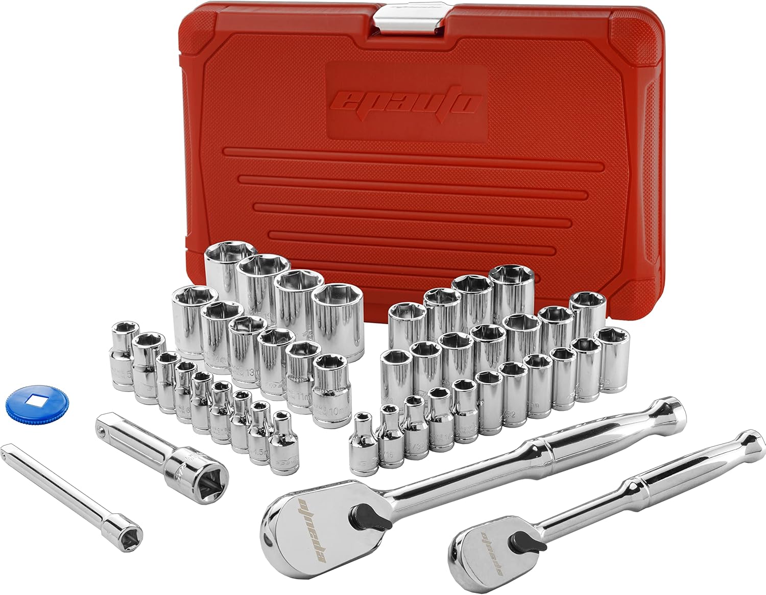 EPAuto 46 Pieces 1/4-Inch and 3/8-Inch Drive Socket Set with 90 Tooth Reversible Ratchet