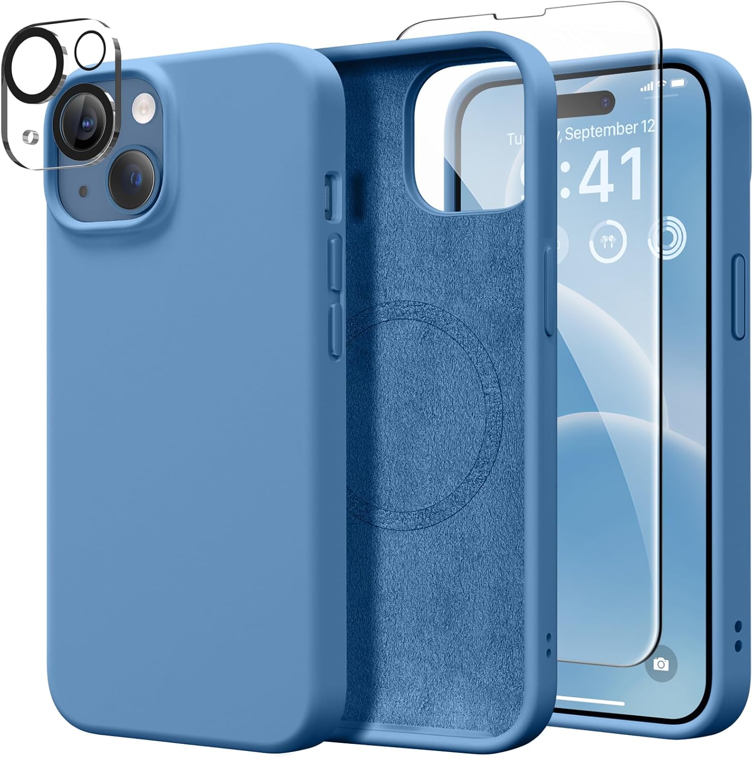 for iPhone 13 Case Silicone, Compatible with Magsafe, [2X Screen Protector + 2X Camera Lens Protector], Soft Rubber Slim Shockproof Protective Microfiber Lining Phone Case 6.1, Lake Blue