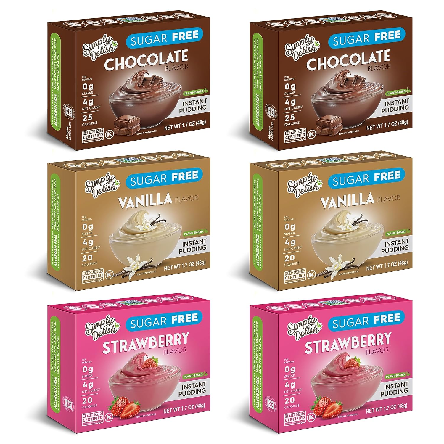 Simply Delish Instant Delicious Mixed Variety Keto Pudding 6 pack  Low Carb, Zero Sugar, Gluten Free, Allergen Free, Non-GMO, Vegan & Plant-Based