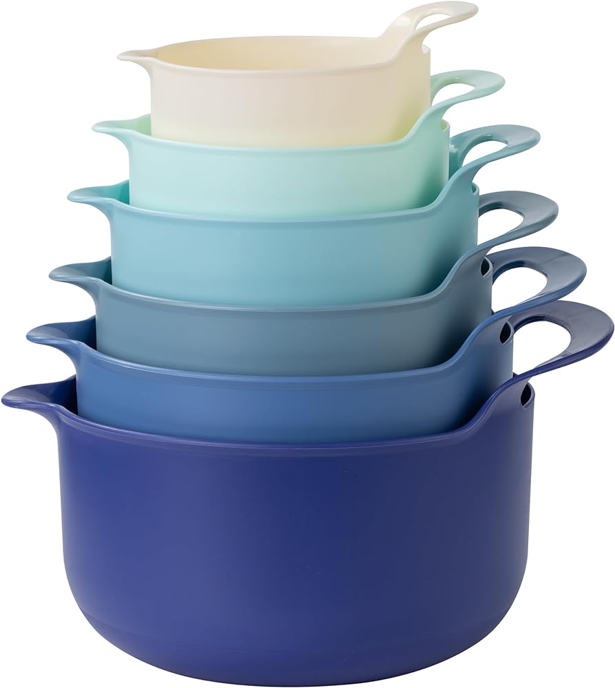 COOK WITH COLOR Non-Slip Mixing Bowls - 6 Piece Nesting Plastic Mixing Bowl Set with Pour Spouts and Handles-Measurement Markings (Blue)